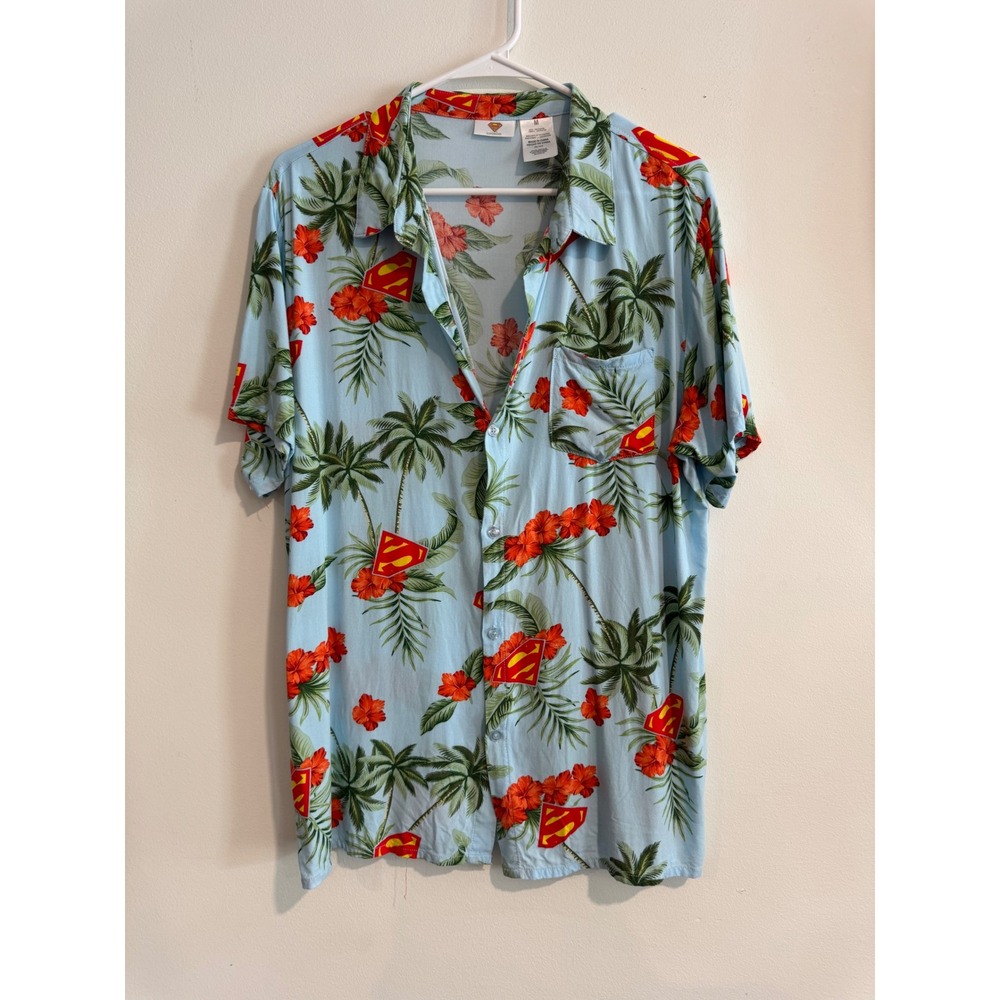 Superman Tropical Floral Button Down Shirt Mens Size M Blue Palm Tree S-Shield
